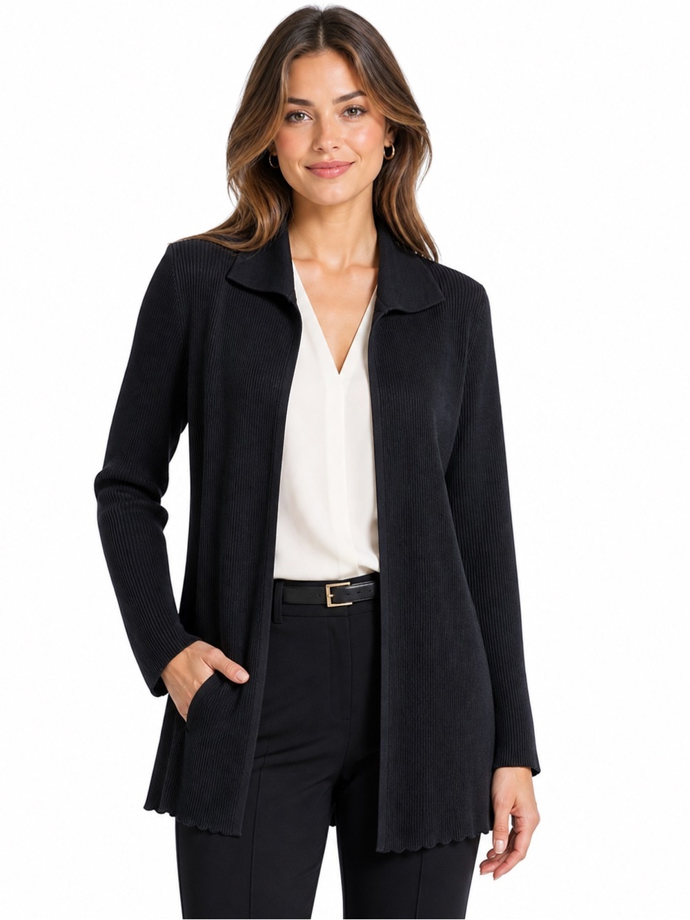 Exclusively Misook Black Ribbed Knit Open Front Longline Cardigan Jacket Small